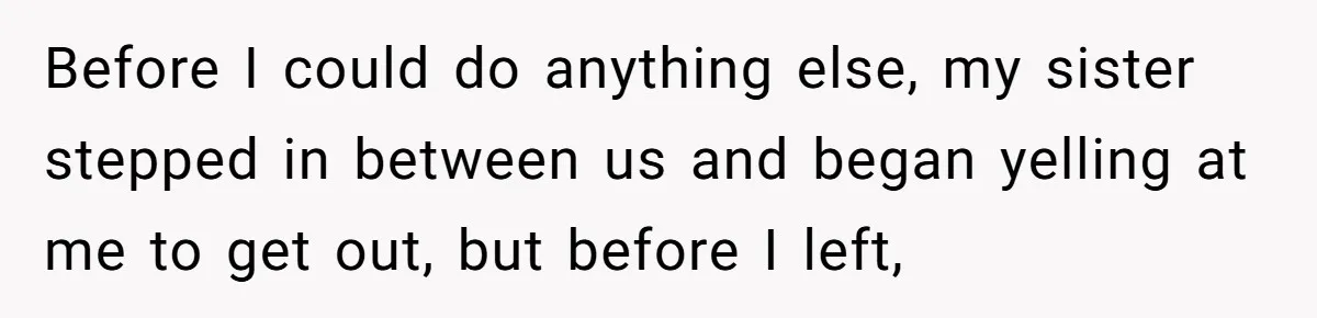 Before I could do anything else, my sister stepped in between us and began yelling at me to get out, but before I left,