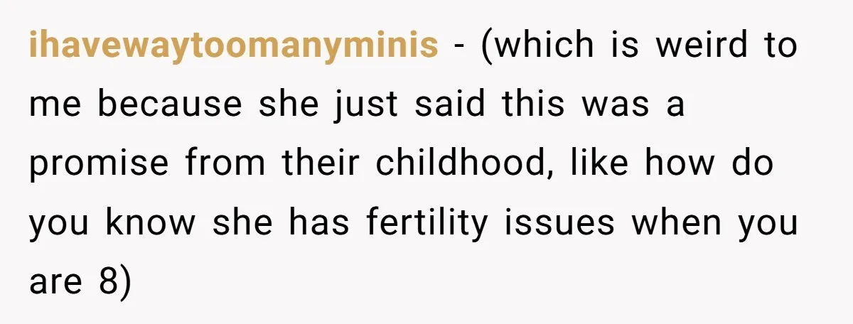 Man Considers Ending Engagement After Girlfriend Insists On Becoming Surrogate For Her Sister ihavewaytoomanyminis − (which is weird to me because she just said this was a promise from their childhood, like how do you know she has fertility issues when you are...