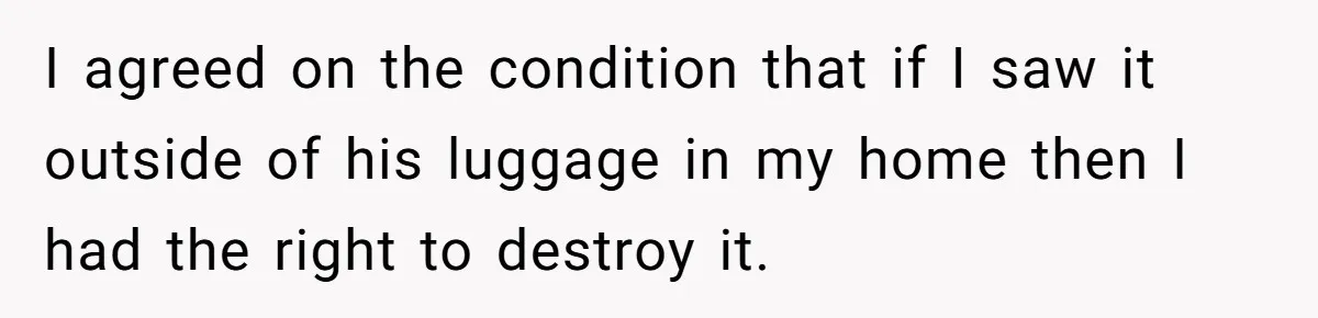 I agreed on the condition that if I saw it outside of his luggage in my home then I had the right to destroy it.