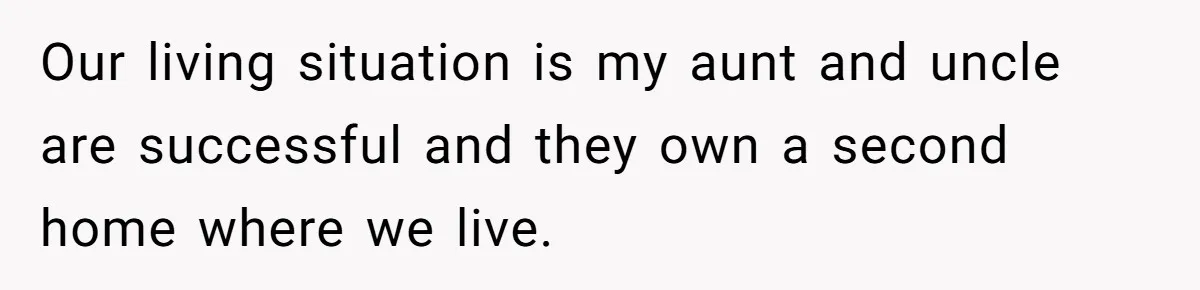 Our living situation is my aunt and uncle are successful and they own a second home where we live.