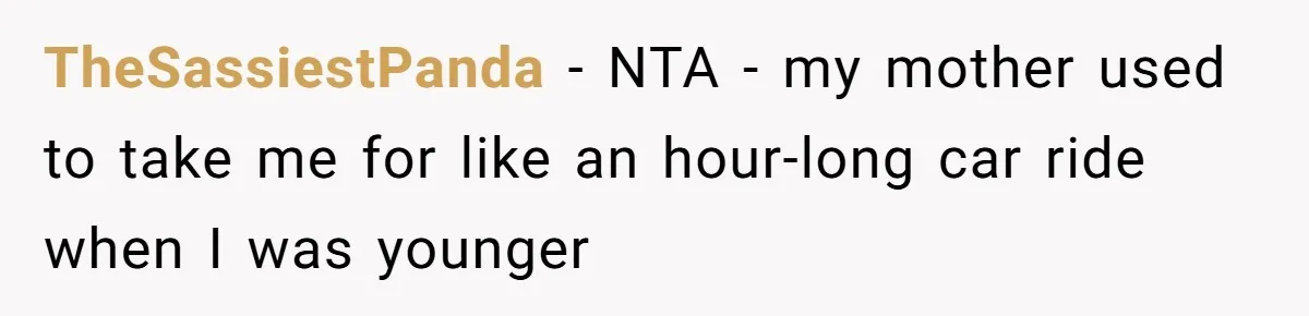TheSassiestPanda − NTA - my mother used to take me for like an hour-long car ride when I was younger