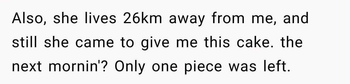 Also, she lives 26km away from me, and still she came to give me this cake. the next mornin'? Only one piece was left.