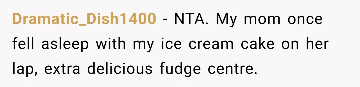 Dramatic_Dish1400 − NTA. My mom once fell asleep with my ice cream cake on her lap, extra delicious fudge centre.