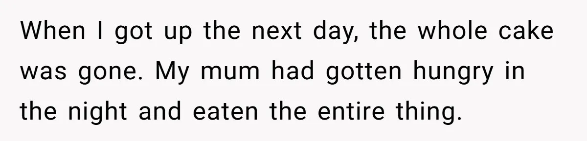 When I got up the next day, the whole cake was gone. My mum had gotten hungry in the night and eaten the entire thing.