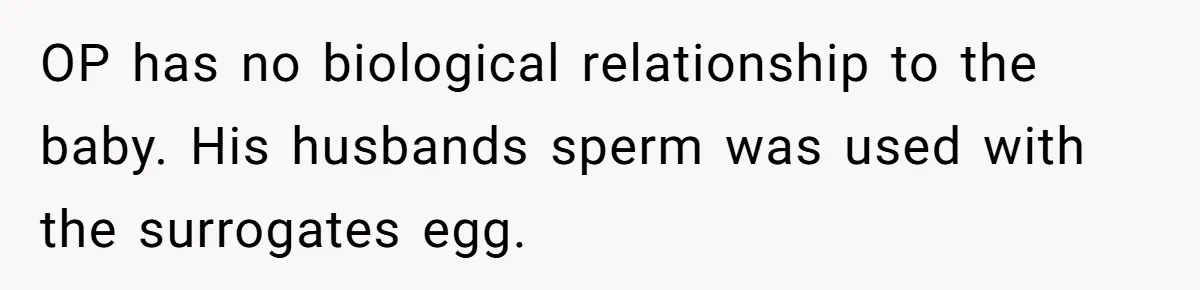 OP has no biological relationship to the baby. His husbands sperm was used with the surrogates egg.