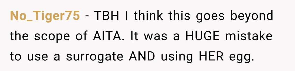 No_Tiger75 − TBH I think this goes beyond the scope of AITA. It was a HUGE mistake to use a surrogate AND using HER egg.