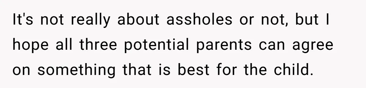It's not really about assholes or not, but I hope all three potential parents can agree on something that is best for the child.