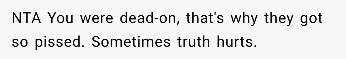 NTA You were dead-on, that's why they got so pissed. Sometimes truth hurts.