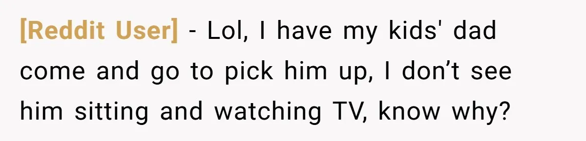 [Reddit User] − Lol, I have my kids' dad come and go to pick him up, I don’t see him sitting and watching TV, know why?