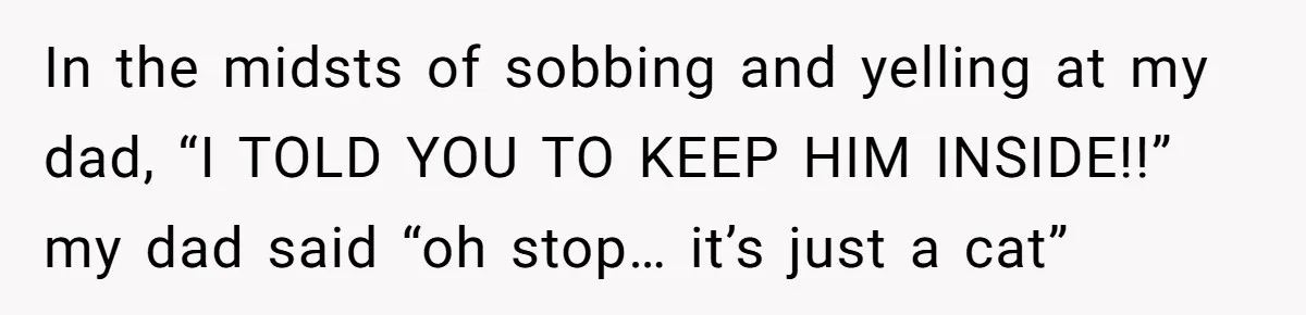 Woman Refuses To Let Parents Babysit Grandkids After They Disregard Her Wishes And Kill Her Cat In the midsts of sobbing and yelling at my dad, “I TOLD YOU TO KEEP HIM INSIDE!!” my dad said “oh stop… it’s just a cat”