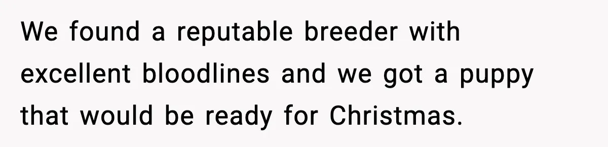 We found a reputable breeder with excellent bloodlines and we got a puppy that would be ready for Christmas.