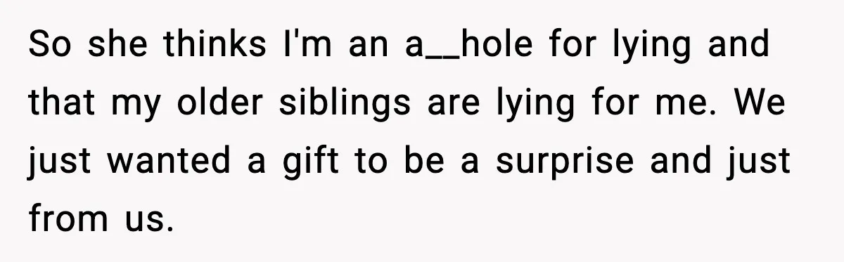 So she thinks I'm an a__hole for lying and that my older siblings are lying for me. We just wanted a gift to be a surprise and just from us.
