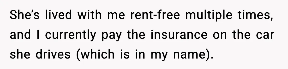 After Funding Her Sister’s Life for Years, She Sold One Dress and Got Blamed She’s lived with me rent-free multiple times, and I currently pay the insurance on the car she drives (which is in my name).