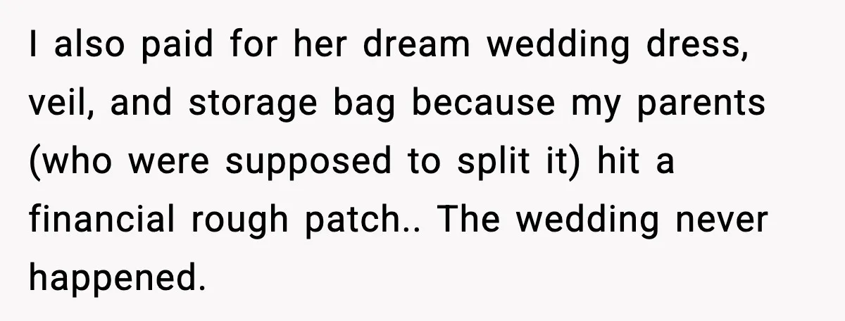 After Funding Her Sister’s Life for Years, She Sold One Dress and Got Blamed I also paid for her dream wedding dress, veil, and storage bag because my parents (who were supposed to split it) hit a financial rough patch.. The wedding never happened.