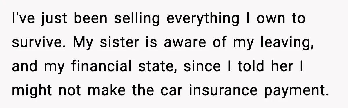 After Funding Her Sister’s Life for Years, She Sold One Dress and Got Blamed I've just been selling everything I own to survive. My sister is aware of my leaving, and my financial state, since I told her I might not make the car...