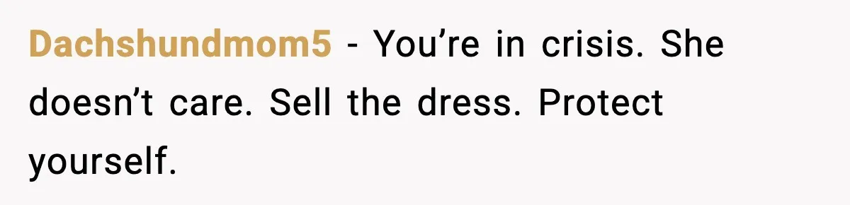 After Funding Her Sister’s Life for Years, She Sold One Dress and Got Blamed Dachshundmom5 - You’re in crisis. She doesn’t care. Sell the dress. Protect yourself.