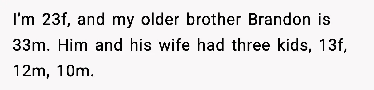 I’m 23f, and my older brother Brandon is 33m. Him and his wife had three kids, 13f, 12m, 10m.