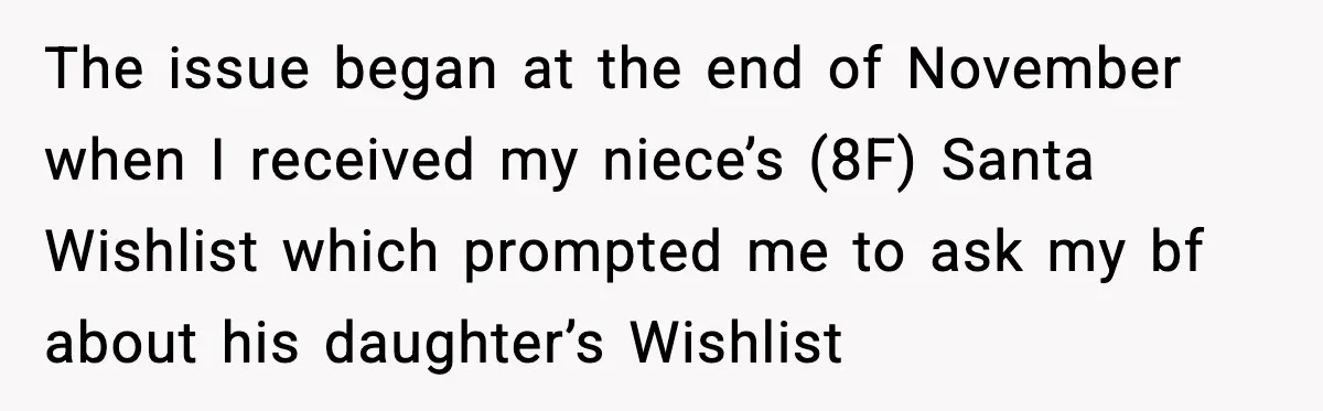 She Dumped Her Boyfriend After Discovering He’d Abandoned His Child The issue began at the end of November when I received my niece’s (8F) Santa Wishlist which prompted me to ask my bf about his daughter’s Wishlist