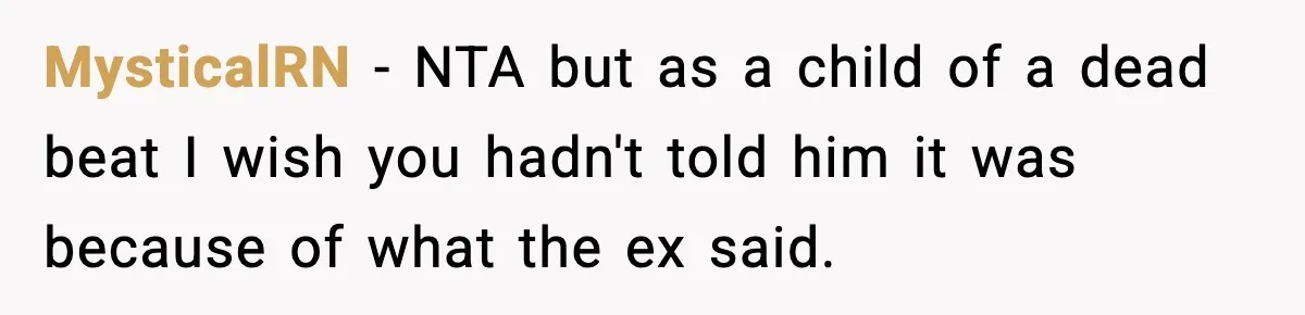 She Dumped Her Boyfriend After Discovering He’d Abandoned His Child MysticalRN - NTA but as a child of a dead beat I wish you hadn't told him it was because of what the ex said.