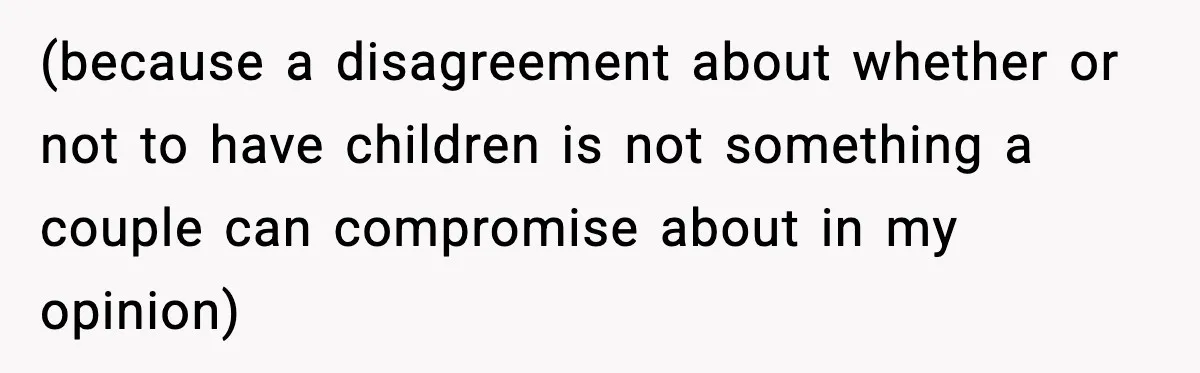 (because a disagreement about whether or not to have children is not something a couple can compromise about in my opinion)