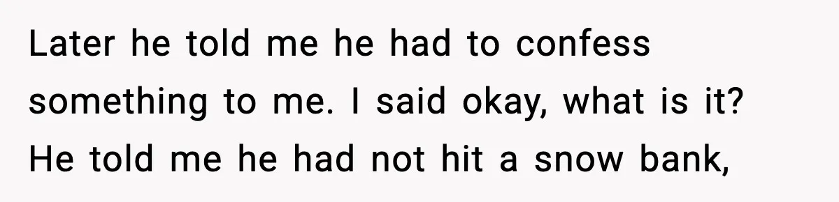 Later he told me he had to confess something to me. I said okay, what is it? He told me he had not hit a snow bank,