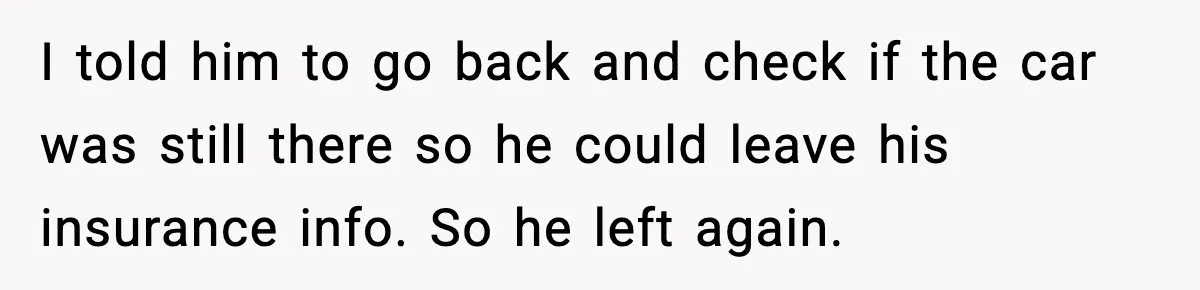 I told him to go back and check if the car was still there so he could leave his insurance info. So he left again.
