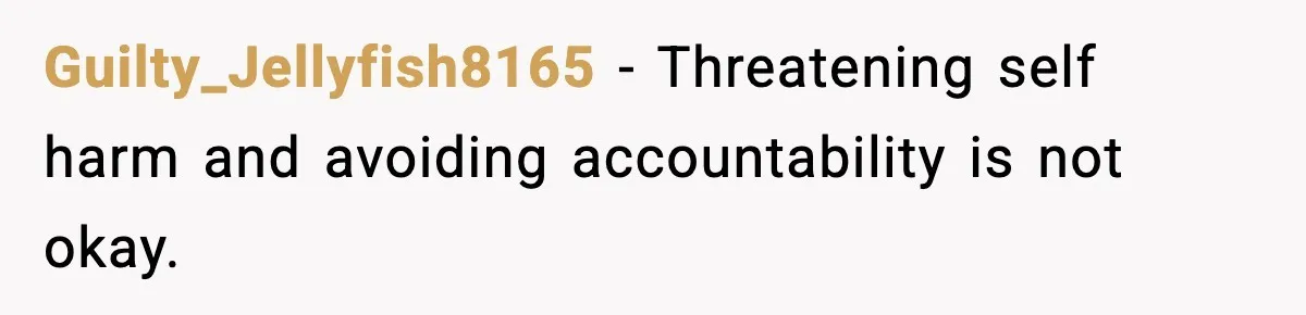 She Said She Couldn’t Be With Him Anymore, So He Left for Good Guilty_Jellyfish8165 - Threatening self harm and avoiding accountability is not okay.