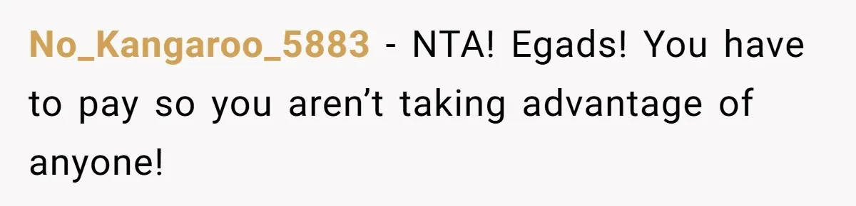 No_Kangaroo_5883 − NTA! Egads! You have to pay so you aren’t taking advantage of anyone!