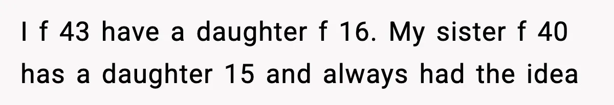 I f 43 have a daughter f 16. My sister f 40 has a daughter 15 and always had the idea