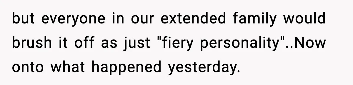 but everyone in our extended family would brush it off as just "fiery personality".. ​ Now onto what happened yesterday.