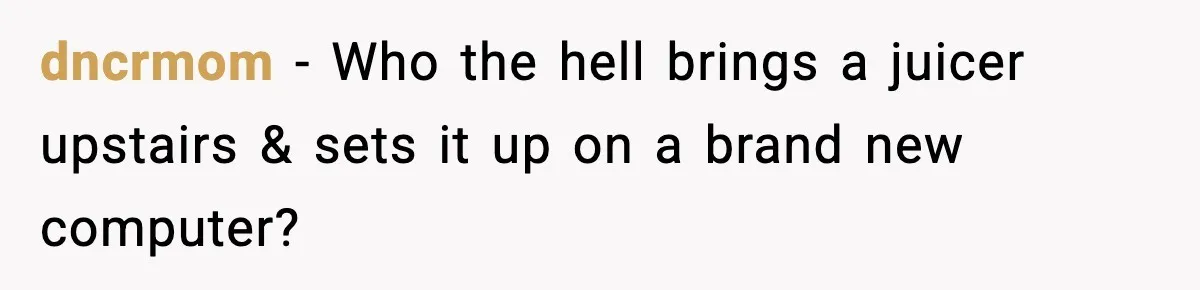dncrmom − Who the hell brings a juicer upstairs & sets it up on a brand new computer?