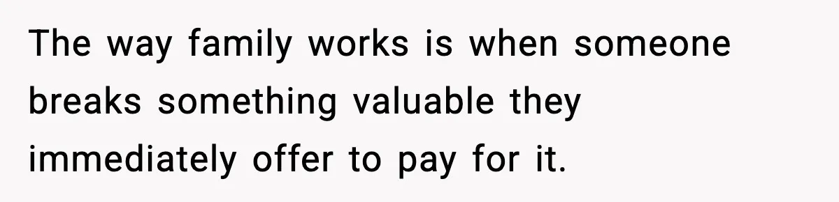 The way family works is when someone breaks something valuable they immediately offer to pay for it.