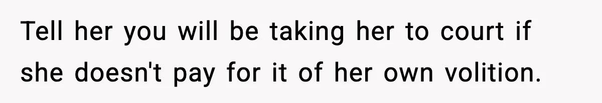 Tell her you will be taking her to court if she doesn't pay for it of her own volition.