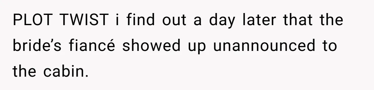 PLOT TWIST i find out a day later that the bride’s fiancé showed up unannounced to the cabin.