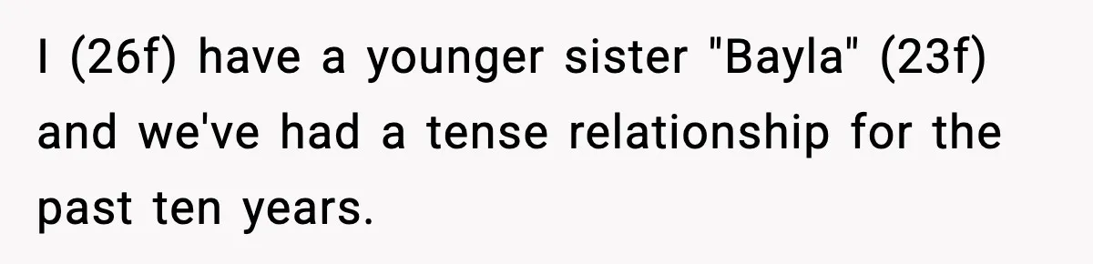 Woman Tells Sister She Doesn’t Deserve Their Mom’s Sympathy After Her Fiancé Cheats I (26f) have a younger sister "Bayla" (23f) and we've had a tense relationship for the past ten years.