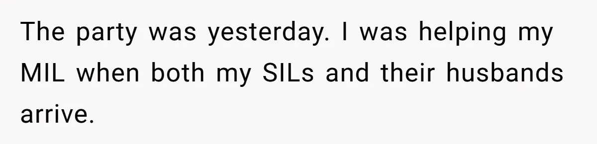 The party was yesterday. I was helping my MIL when both my SILs and their husbands arrive.