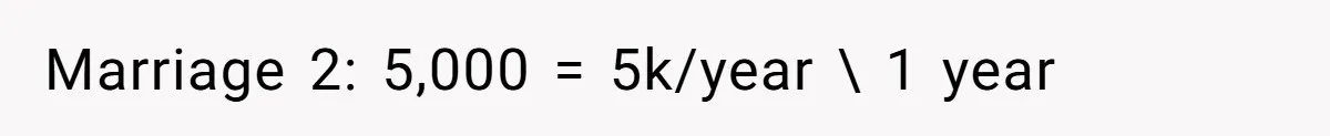 Marriage 2: 5,000 = 5k/year \ 1 year