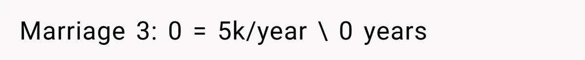 Marriage 3: 0 = 5k/year \ 0 years