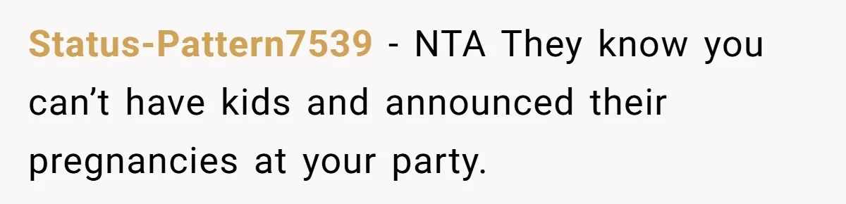 Status-Pattern7539 − NTA They know you can’t have kids and announced their pregnancies at your party.