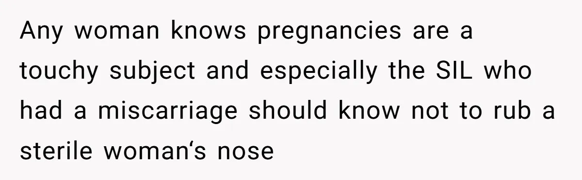 Any woman knows pregnancies are a touchy subject and especially the SIL who had a miscarriage should know not to rub a sterile woman‘s nose