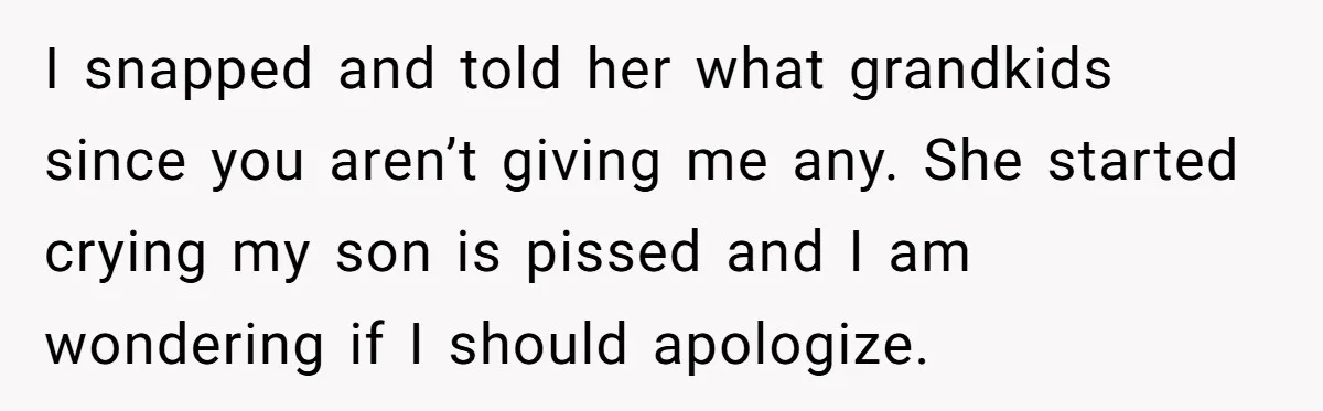 I snapped and told her what grandkids since you aren’t giving me any. She started crying my son is pissed and I am wondering if I should apologize.