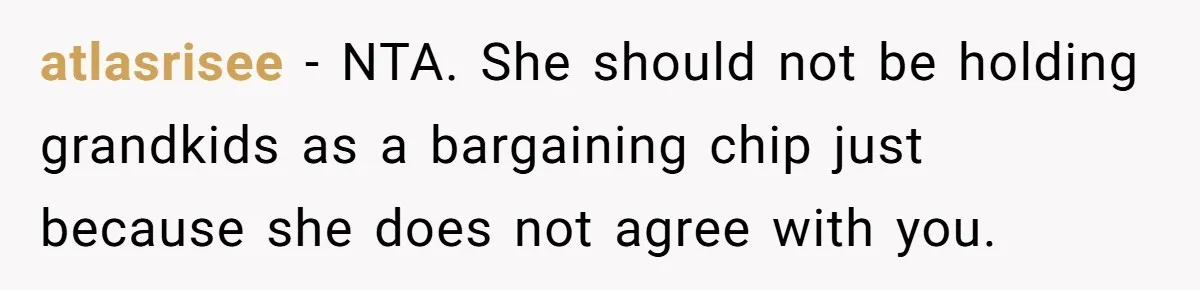 atlasrisee − NTA. She should not be holding grandkids as a bargaining chip just because she does not agree with you.