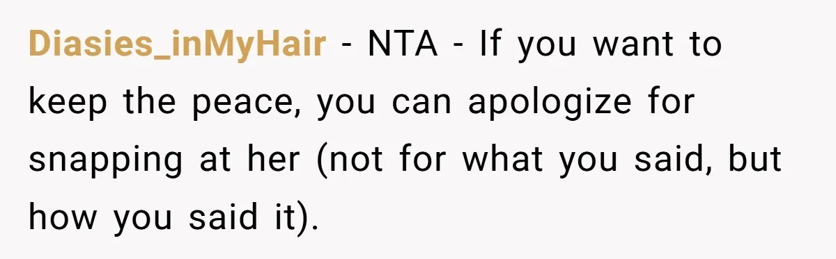 Diasies_inMyHair − NTA - If you want to keep the peace, you can apologize for snapping at her (not for what you said, but how you said it).
