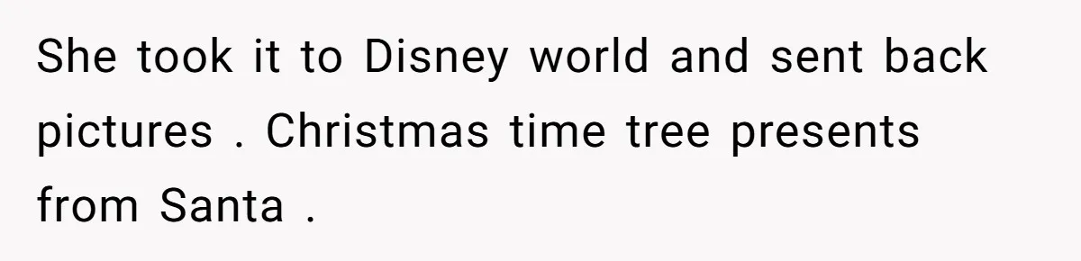 She took it to Disney world and sent back pictures . Christmas time tree presents from Santa .