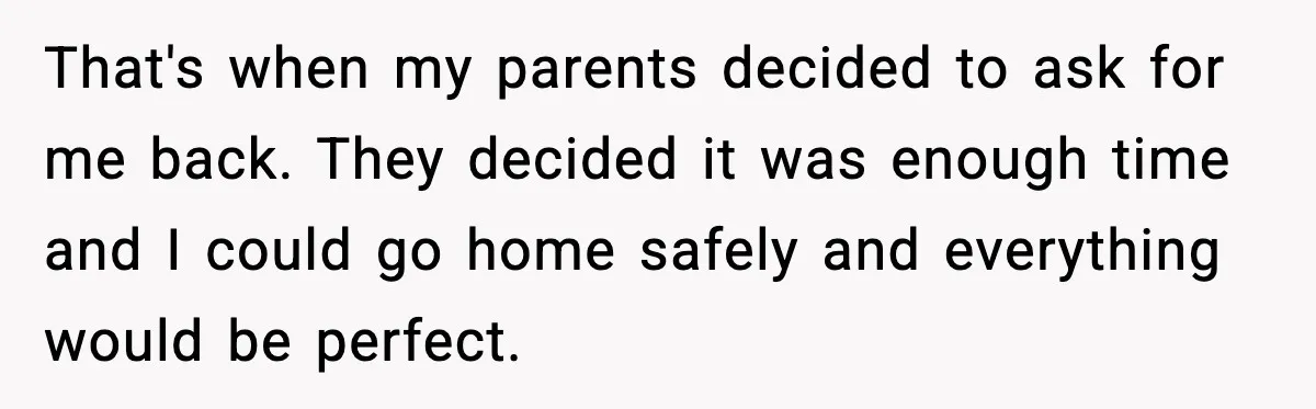 That's when my parents decided to ask for me back. They decided it was enough time and I could go home safely and everything would be perfect.