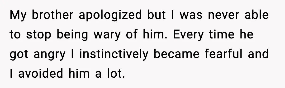 My brother apologized but I was never able to stop being wary of him. Every time he got angry I instinctively became fearful and I avoided him a lot.