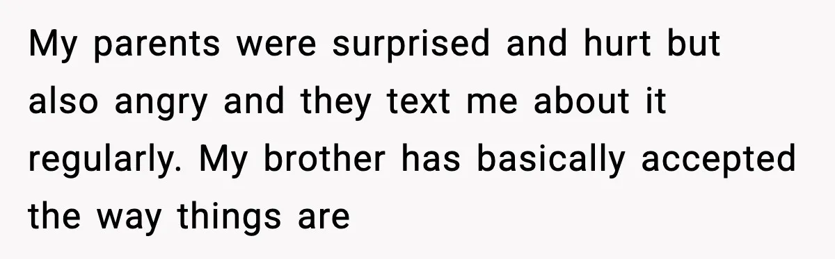 My parents were surprised and hurt but also angry and they text me about it regularly. My brother has basically accepted the way things are