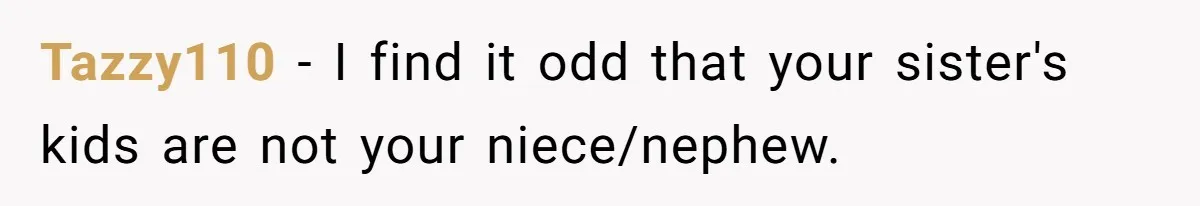 Tazzy110 − I find it odd that your sister's kids are not your niece/nephew.