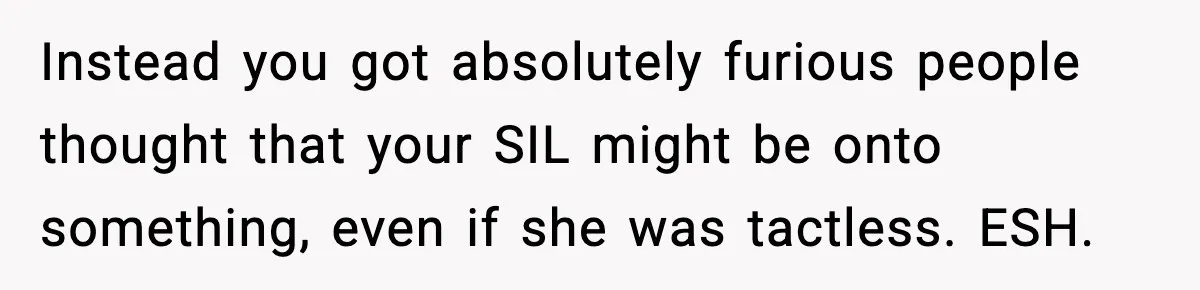 Instead you got absolutely furious people thought that your SIL might be onto something, even if she was tactless. ESH.