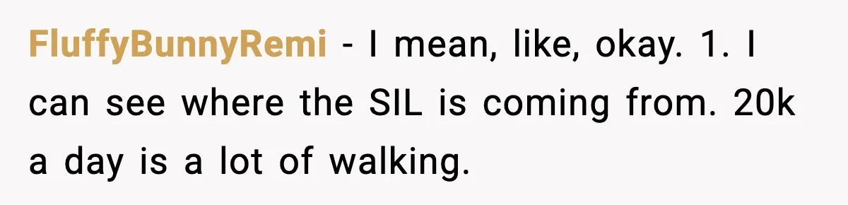 FluffyBunnyRemi − I mean, like, okay. 1. I can see where the SIL is coming from. 20k a day is a lot of walking.